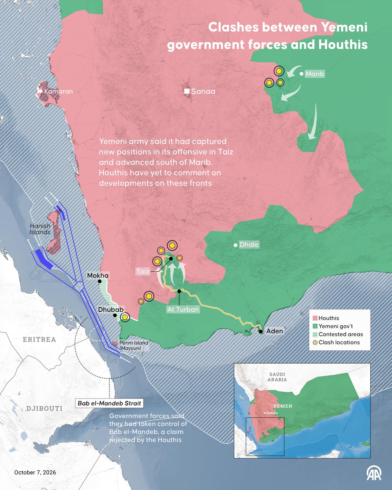 An infographic titled "Clashes between Yemeni government forces and Houthis" created in Ankara, Türkiye on October 7, 2026. (AA Graphics)