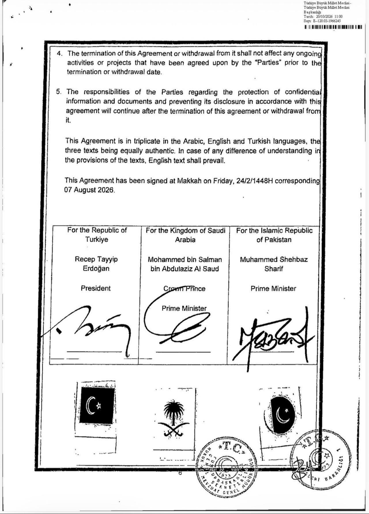 Signatures of Türkiye’s President Recep Tayyip Erdogan, Saudi Arabia’s Crown Prince Mohammed bin Salman, and Pakistan’s Prime Minister Shehbaz Sharif on the Mecca pact. (Photo: Ragip Soylu, Middle East Eye’s Türkiye correspondent, via X)