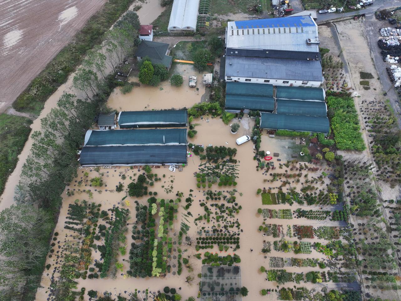 An aerial view of flooded roads and residential areas in Riva, Beykoz district of Istanbul, Türkiye, after heavy rainfall caused water overflows that damaged homes and roads on October 15, 2026. (AA Photo)