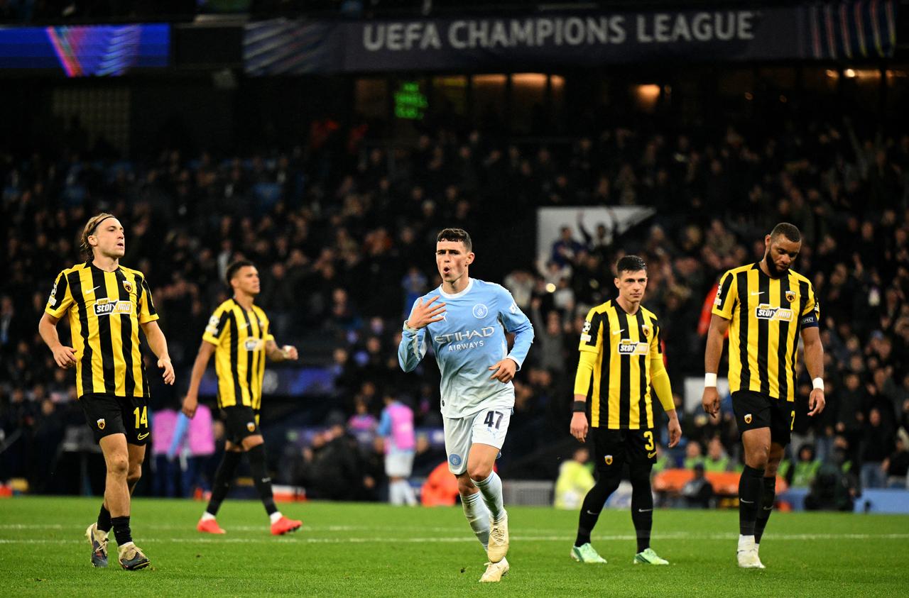 Manchester City's English midfielder #47 Phil Foden celebrates scoring the team's fourth goal during the UEFA Champions League football match between Manchester City and AEK Athens at the Etihad Stadium in Manchester, north west England, on October 20, 2026. (AFP Photo)