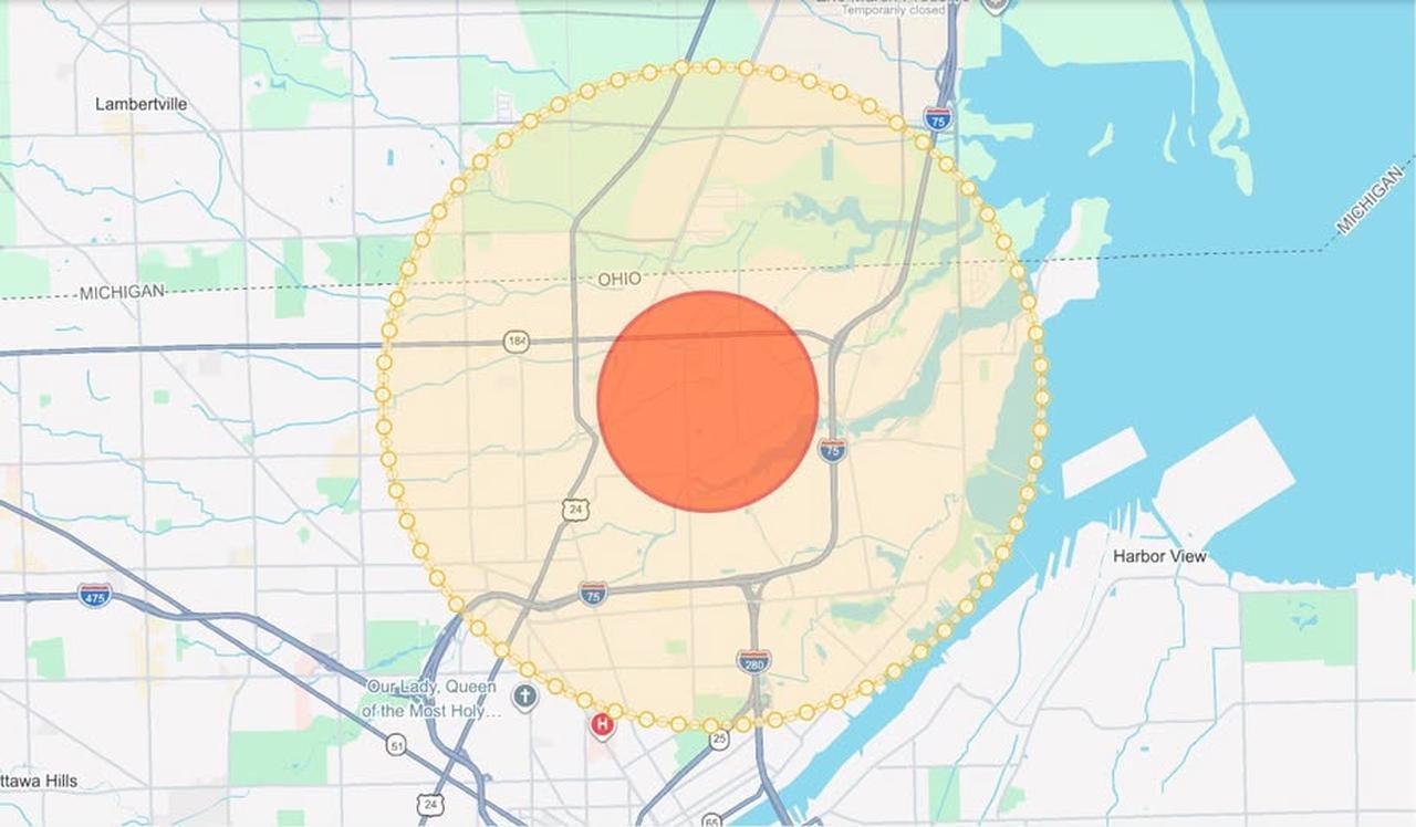 Map showing the evacuation zone and surrounding shelter-in-place area following a chemical leak in Toledo, Ohio. (Photo via Facebook/13abc)