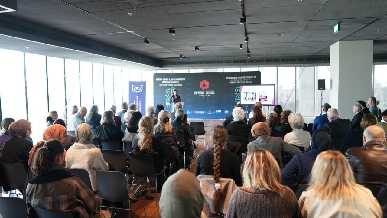 Government officials, academics and civil society representatives gather at Mimar Sinan Fine Arts University's Istanbul Painting and Sculpture Museum to discuss Türkiye's 20 years of intangible cultural heritage preservation, Istanbul, Türkiye, Oct. 20, 2026. (AA Photo)