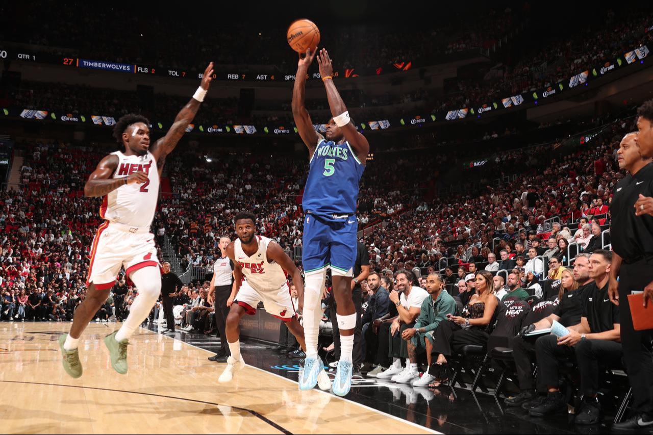 Anthony Edwards #5 of the Minnesota Timberwolves shoots a three point basket during the game against the Miami Heat on October 21, 2026 at Kaseya Center in Miami, Florida. (AFP Photo)