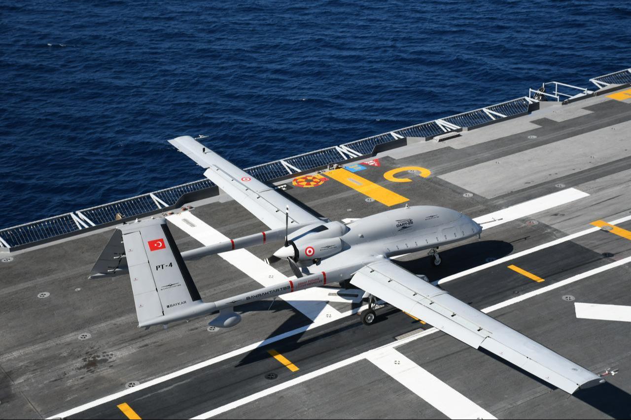 Bayraktar TB-3 UCAV at the Turkish Navy's multi-purpose amphibious assault ship TCG Anadolu, which participated in a military exercise as part of NATO's Neptune Strike 2026 at Pasha Liman Naval Base in Vlorë, Albania, on Oct. 19, 2026. (AA Photo)
