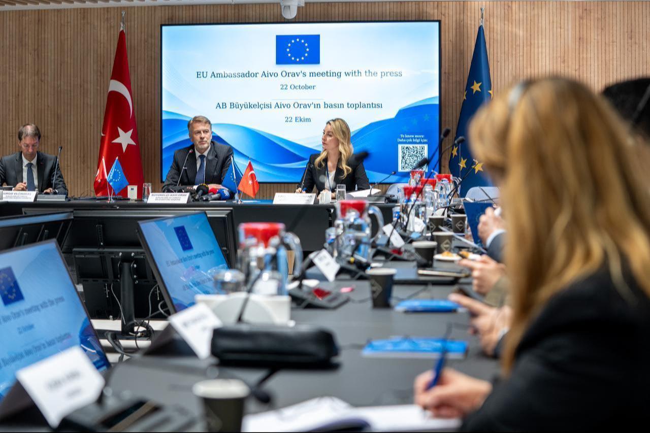 Head of the European Union (EU) Delegation to Türkiye, Aivo Orav, speaks to members of the press at the EU Delegation to Türkiye in Ankara, Türkiye, on Oct. 22, 2026. (AA Photo)