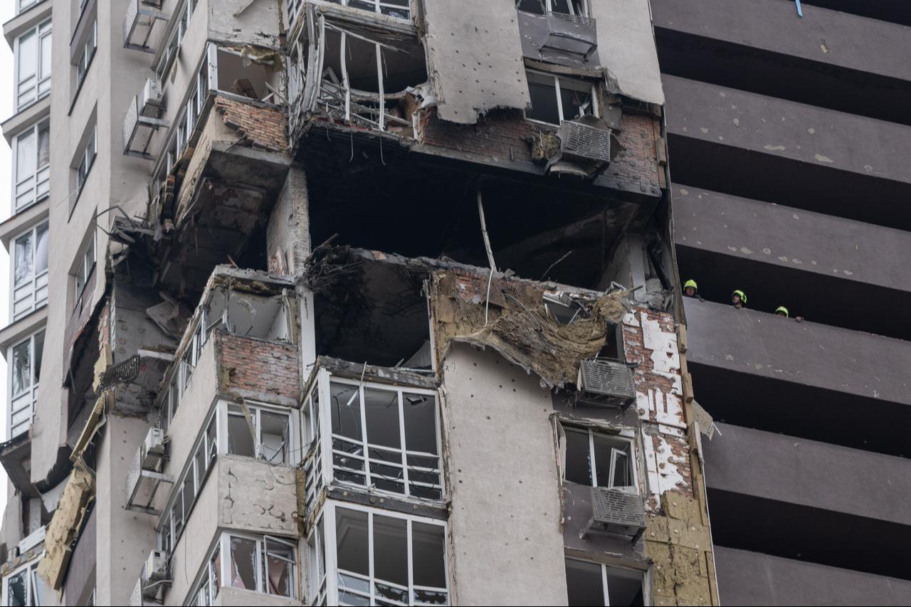 A view at the residential building where 2 people were killed and 2 more were wounded during the strike of the Russian jet drone in Kyiv, Ukraine on October 21, 2026. (AA Photo)