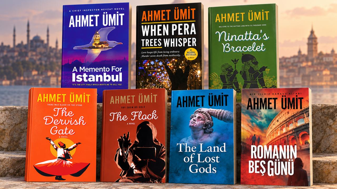 A collage featuring seven book covers by acclaimed Turkish crime novelist Ahmet Umit, including his latest novel, Romanin Bes Gunu (Five Days of Rome), alongside English-language editions of his works. (Photo collage by Türkiye Today)