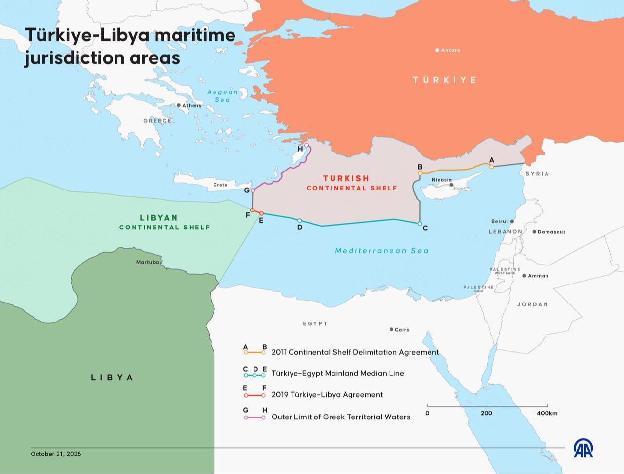 An infographic titled "Türkiye-Libya maritime jurisdiction areas," created in Ankara, Türkiye, on October 21, 2026. (AA Infographic)