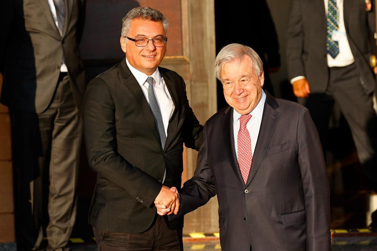 United Nations Secretary-General Antonio Guterres (R) hosts an informal dinner with Turkish Republic of Northern Cyprus (TRNC) President Tufan Erhurman (L) and Greek Cypriot Leader Nikos Christodoulides (not seen) at the UN buffer zone compound in Lefkosia, TRNC, July 28, 2026. (TRNC Presidency/Handout)