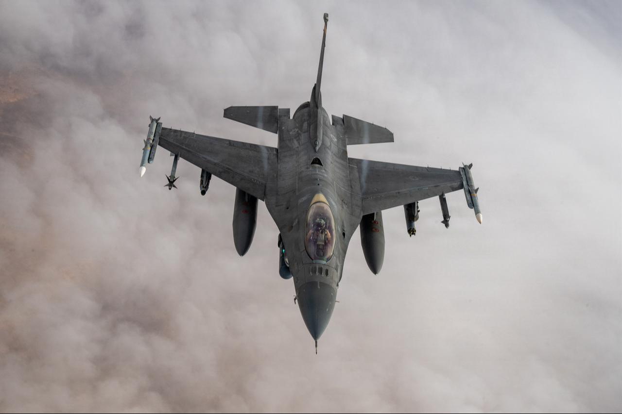 A U.S. Air Force F-16 Fighting Falcon aircraft flies in the U.S. Central Command area of responsibility on Oct. 3, 2026. (Photo via U.S. Air Force)