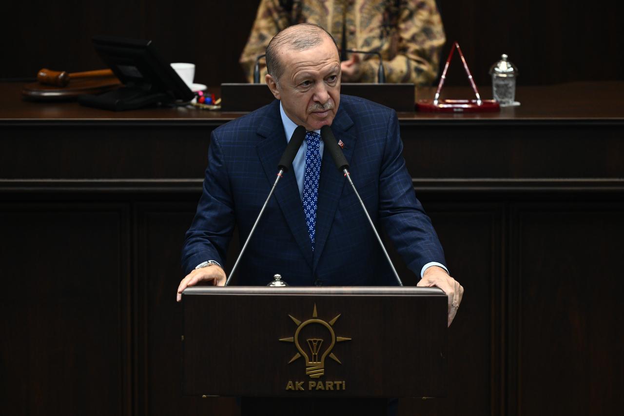 President and Leader of the Justice and Development (AK) Party Recep Tayyip Erdogan gives a speech during his party's group meeting at the Turkish parliament in Ankara, Türkiye on Oct. 21, 2026. (AA Photo)
