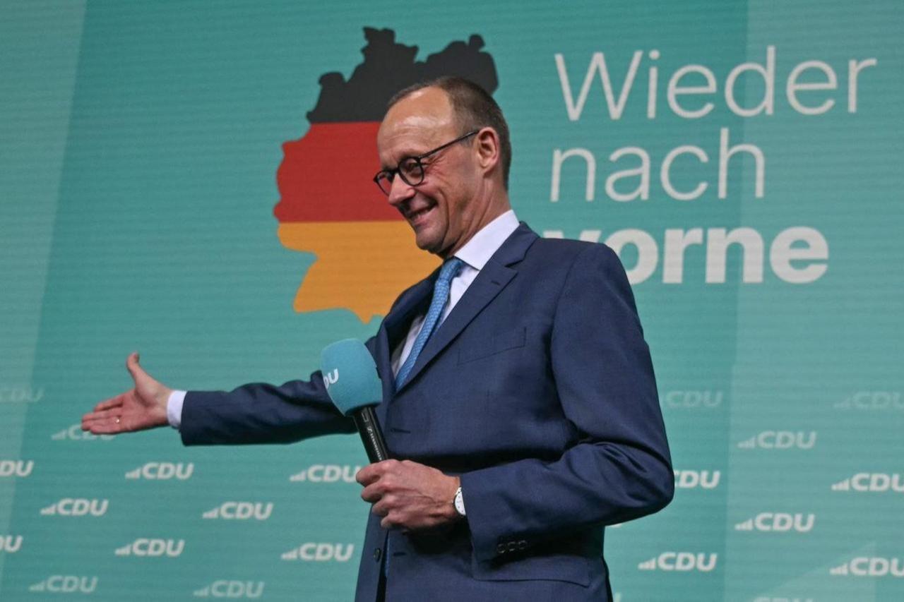 Friedrich Merz, leader of Germanys conservative Christian Democratic Union (CDU) and his partys main candidate for Chancellor addresses supporters after the first exit polls in the German general elections were announced on TV during the electoral evening in Berlin, Germany on Feb. 23, 2025. (AFP Photo)