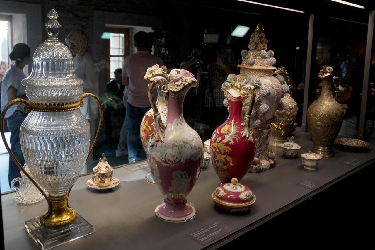 Ornate sherbet vessels are displayed in the restored Serbethane section of Topkapi Palace in Istanbul, Türkiye, July 17, 2026. (AA Photo)