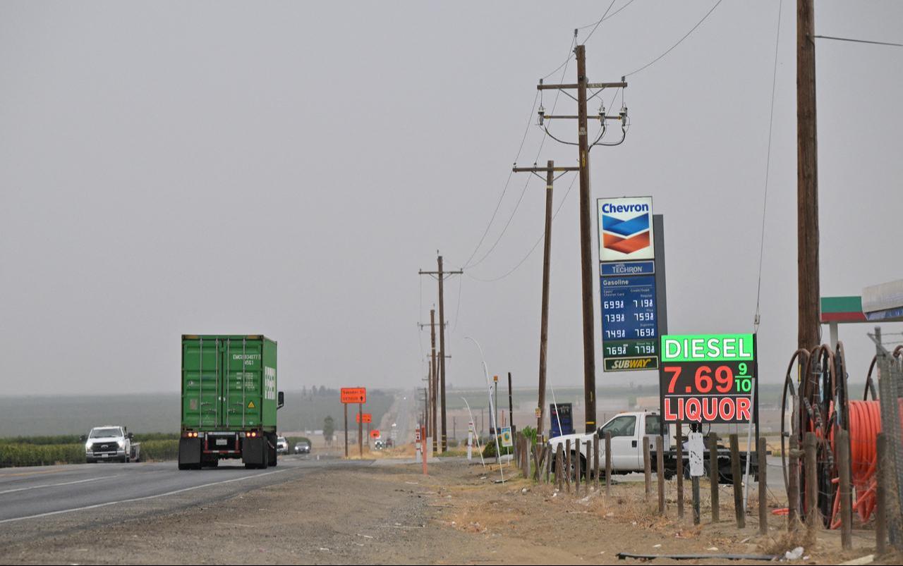 Gas prices, including diesel at $7.69 per gallon, are displayed at a gas station outside Taft, in Kern County, California, October 21, 2026. (AFP Photo)