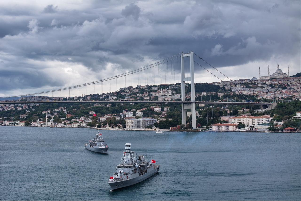 Turkish Navy vessel sails through the Bosphorus Strait during a naval parade organized to mark the 488th anniversary of the Preveze Naval Victory and Turkish Naval Forces Day in Istanbul, Türkiye, Sept. 27, 2026. (AA Photo)