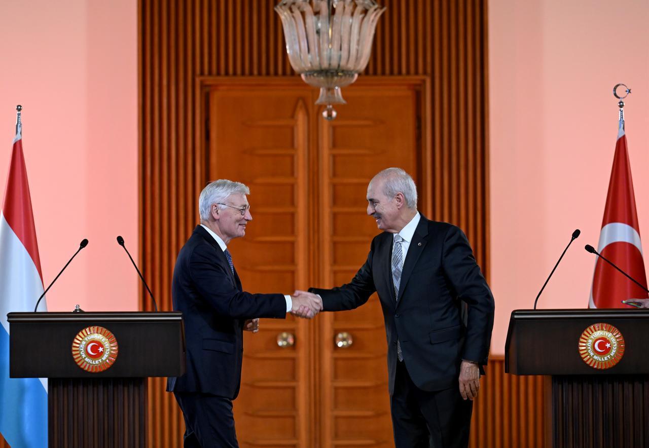Speaker of the Turkish Grand National Assembly (TBMM) Numan Kurtulmus (R) and President of Luxembourg's Chamber of Deputies Claude Wiseler (L) hold a joint press conference in Ankara, Türkiye, on Oct. 22, 2026. (AA Photo)