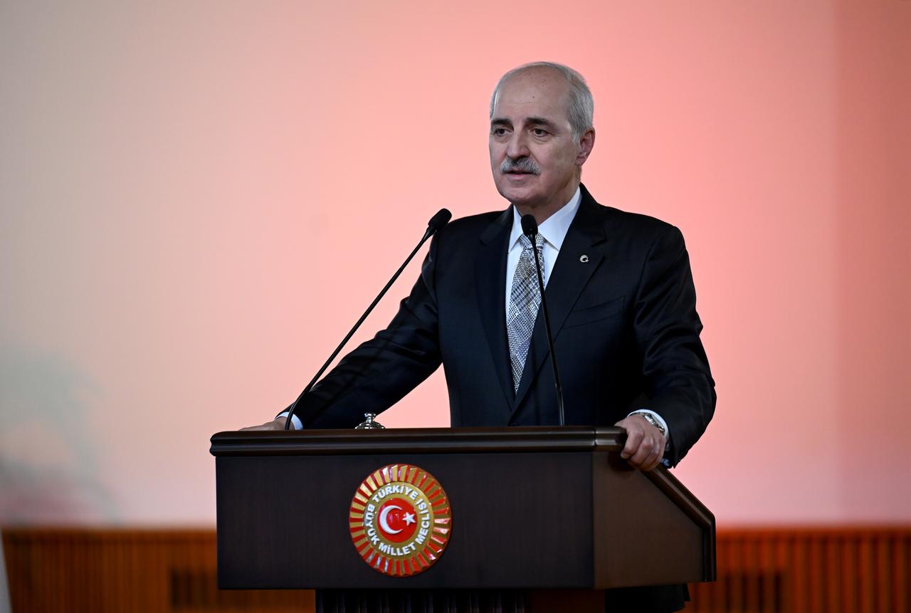 Speaker of the Turkish Grand National Assembly (TBMM) Numan Kurtulmus (pictured) speaks during a joint press conference with President of Luxembourg's Chamber of Deputies Claude Wiseler in Ankara, Türkiye, on Oct. 22, 2026. (AA Photo)