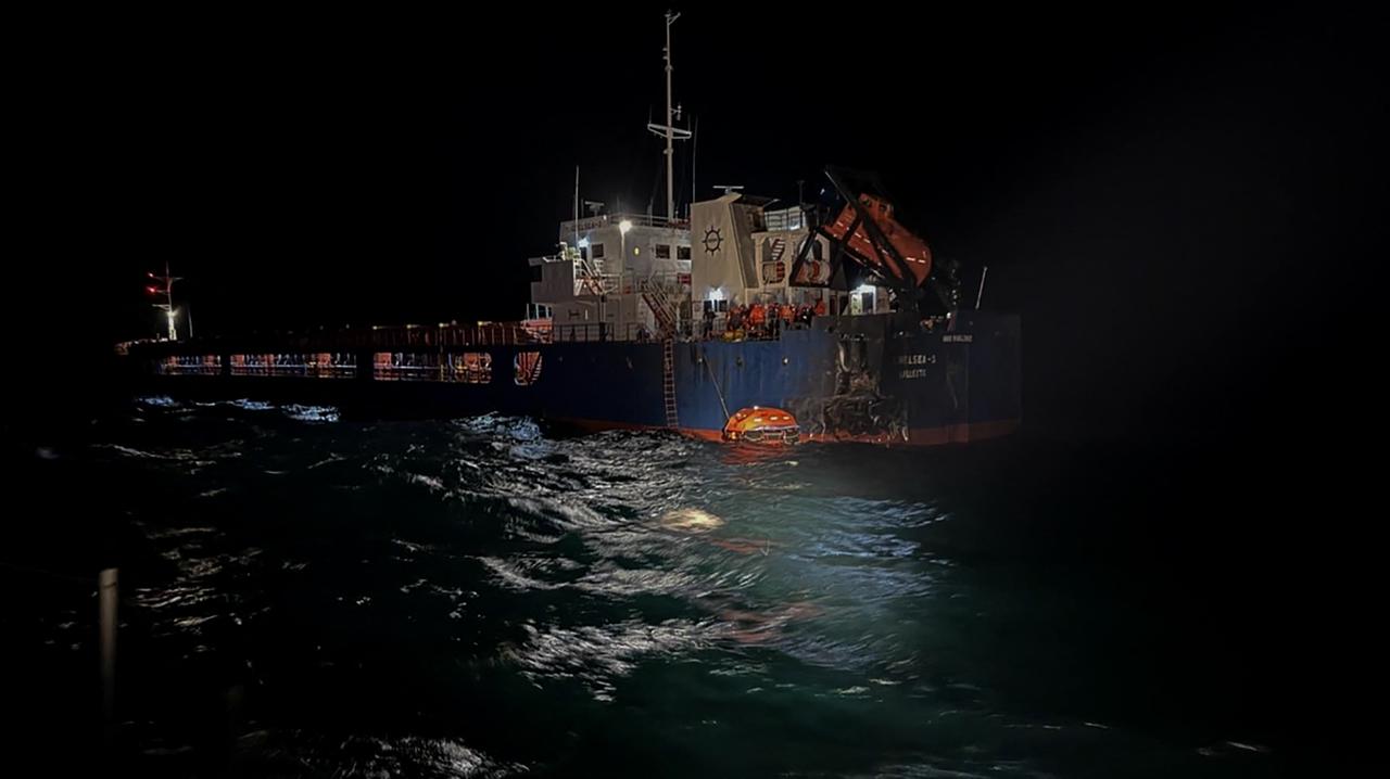 This handout photograph, released on October 13, 2026, shows the Ukrainian-owned cargo ship Chelsea 3, which was hit by drones in Bulgaria's exclusive economic zone in Black Sea. (AFP Photo/Handout/Ministry of Interior Bulgaria)