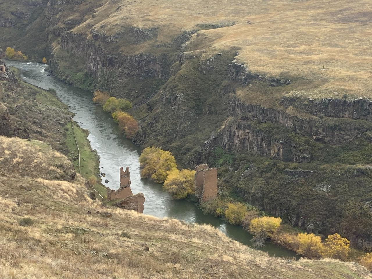 The ruined towers of the Ani Bridge on the Akhuryan River, one on each bank in Kars, Türkiye, October 2026. (Photo via Türkiye Today/ Feiza Jdidi)