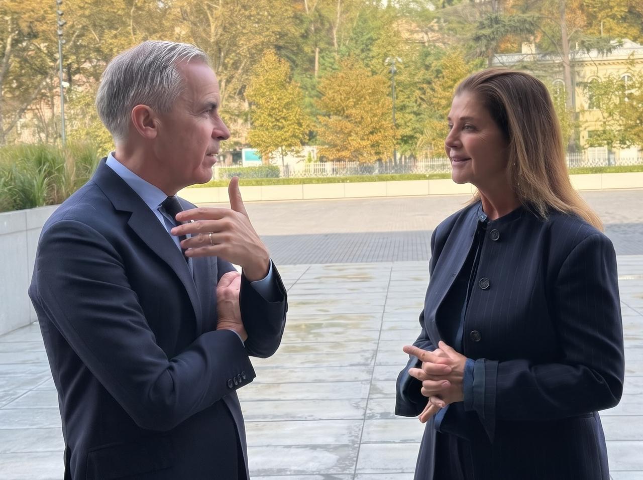 Canadian Prime Minister Mark Carney (L) speaks with Istanbul Modern Board Chair Oya Eczacibasi (R) during his visit to the museum in Istanbul, Türkiye, October 23, 2026. (AA Photo)