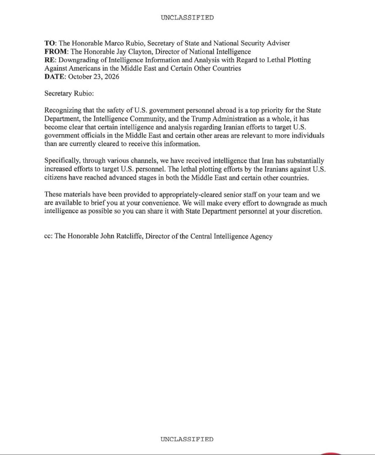 The photo shows an unclassified U.S. Department of State memo on an Iranian plot to target US officials in the Middle East and beyond, accessed on Oct 24, 2026. (Photo via X/@BarakRavid)