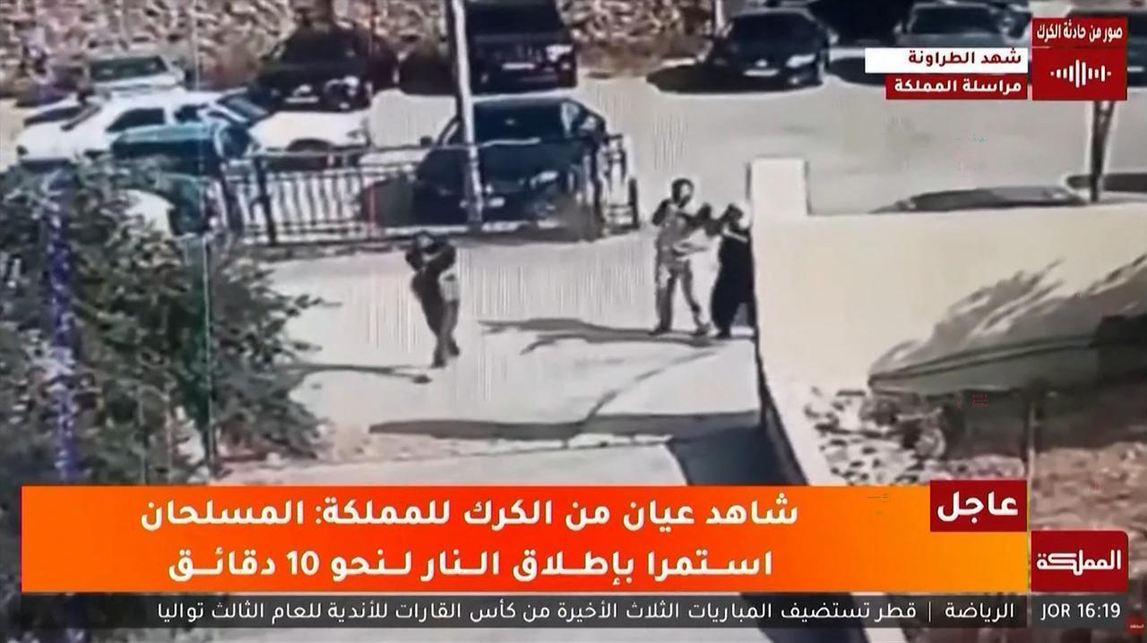 This screen grab, taken from CCTV footage aired by Jordan's state broadcaster Al-Mamlaka, shows the moment gunmen attacked a Greek Orthodox church in the village of Hammoud in Karak governorate on October 23, 2026. (AFP Photo/Al Mamlaka TV/Handout)