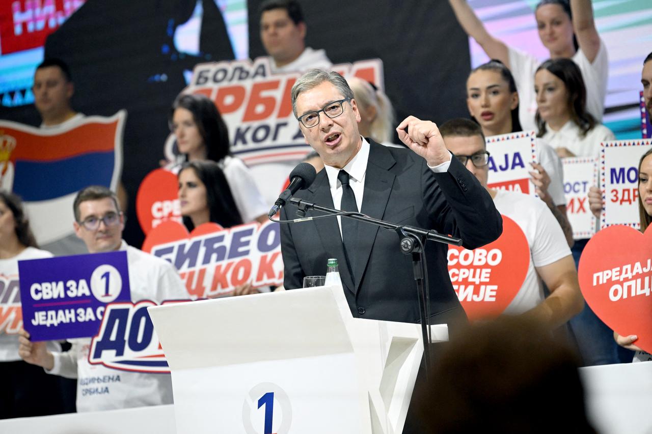 Former president of Serbia, Aleksandar Vucic addresses his supporters gathered in a sports hall during the election campaign "Aleksandar Vucic for Prime Minister" rally in Belgrade, Serbia, on October 22, 2026, three days before the country's snap elections. (AFP Photo)