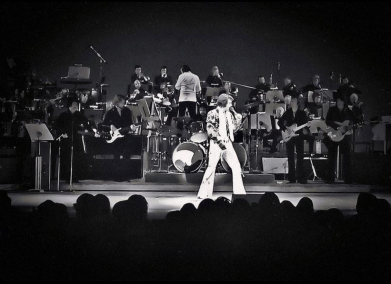American singer Elvis Presley performs onstage with musicians and an orchestra during a concert in the U.S. (Archive Photo)