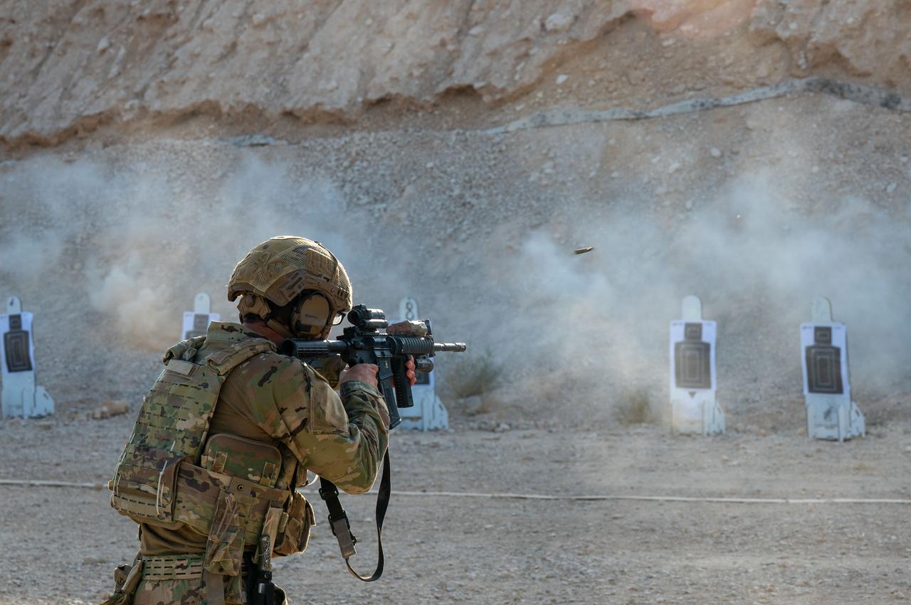 A U.S. Air Force Security Forces Defender fires an M4 Carbine rifle during live-fire training at a base in the U.S. Central Command area of responsibility, Sep. 15, 2026. (Photo via U.S. Air Force)