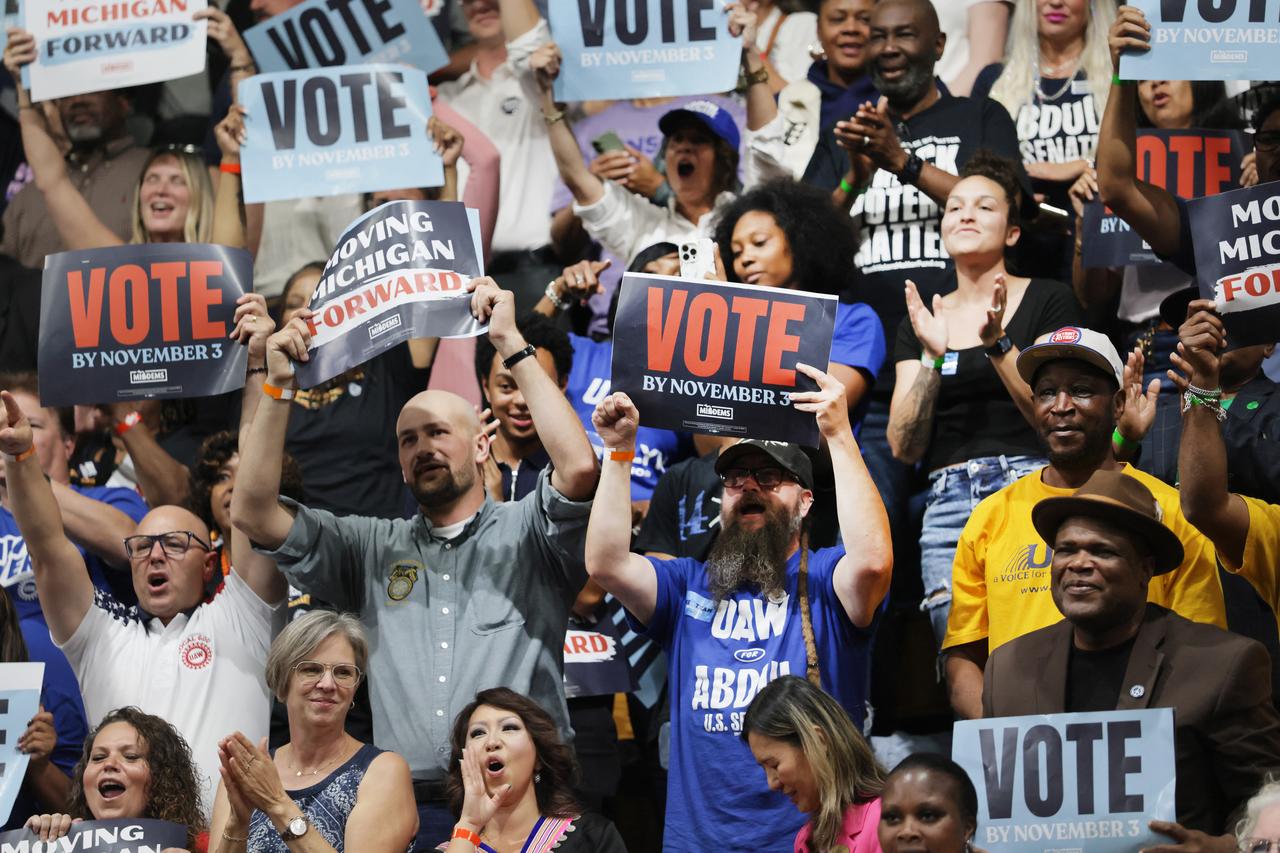 Crowds cheer as former President Barack Obama joins Democratic candidates Secretary of State Jocelyn Benson and Dr. Abdul El-Sayed during a “Get Out the Vote" rally on Oct. 24, 2026 in Detroit, Michigan. (Getty Images via AFP)