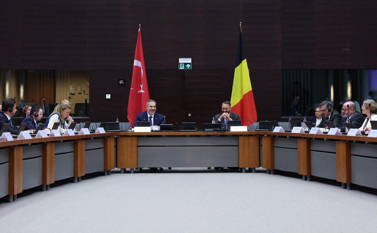 Turkish Foreign Minister Hakan Fidan (C-L) and Belgian Deputy Prime Minister and Foreign Minister Maxime Prevot (C-R) attend the 4th Türkiye-Belgium Meeting of Foreign, Justice and Interior Ministers, alongside delegations from both countries, in Brussels, Belgium, on Oct. 20, 2026. (Turkish Foreign Ministry/Handout)