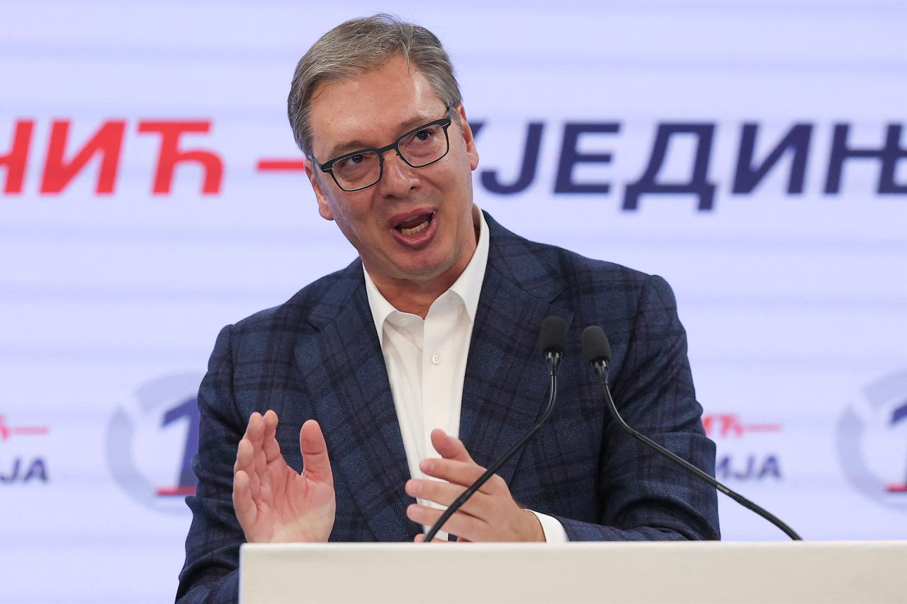 Former Serbian president Aleksandar Vucic, the Serbian Progressive Party (SNS) candidate for prime minister, delivers a speech and concedes defeat in the Serbian parliamentary elections in Belgrade on Oct. 25, 2026. (AFP Photo)