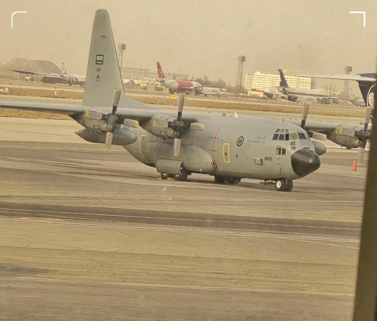 The photo, published by the Iranian news agency Fars, shows a Saudi C-130 Hercules aircraft at Mehrabad Airport that brought the Saudi delegation to Tehran. (Photo via Telegram/farsna)