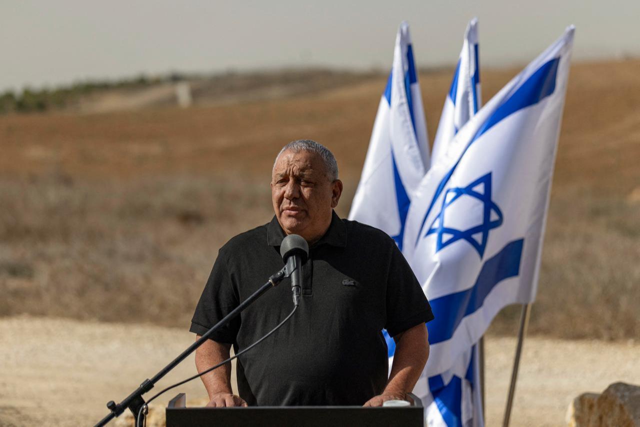 Gadi Eisenkot, former Israeli army chief of staff and head of the Yashar party, delivers a statement during a press conference at the Black Arrow memorial site near Kibbutz Mefalsim, adjacent to the border with Gaza Strip on Oct. 15, 2026. (AFP Photo)
