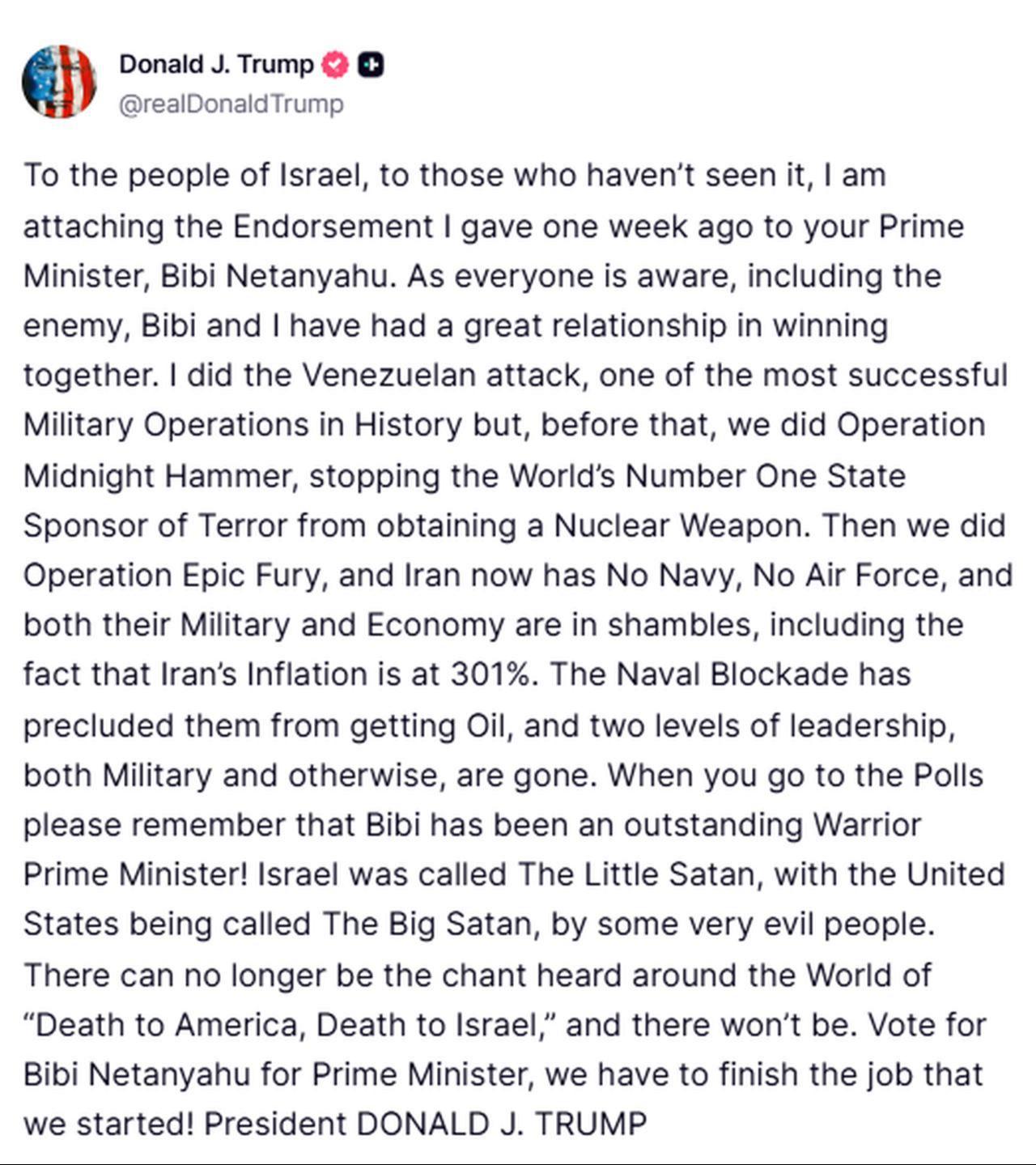 Screenshot of U.S. President Donald Trump’s Truth Social post endorsing Israeli Prime Minister Benjamin Netanyahu’s re-election and urging Israel to continue its military campaign against Iran on Oct. 26, 2026. (Screenshot via Truth Social)