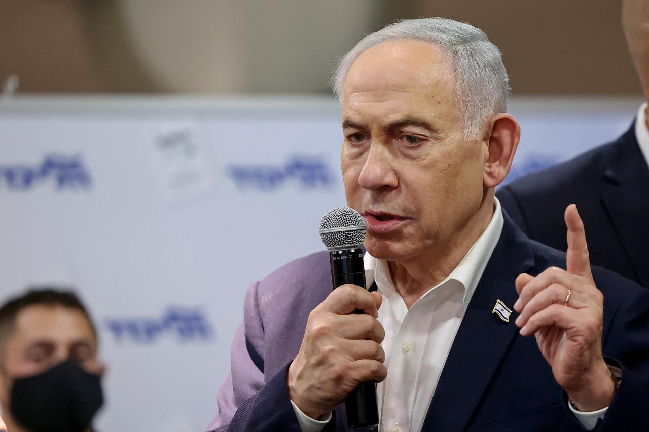 Israel's Prime Minister Benjamin Netanyahu speaks to his supporters during a Likud Party meet-and-greet held as part of the campaign ahead of Israel's legislative election, at King Solomon Hotel in Netanya, October 22, 2026. (AFP Photo)