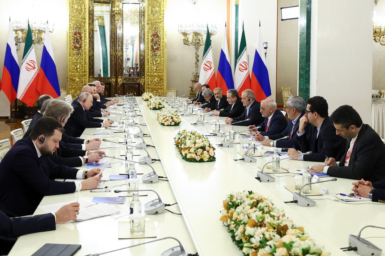 Russian President Vladimir Putin (L) and President of Iran Masoud Pezeshkian (R) hold a bilateral meeting on the sidelines of the 8th Gas Exporting Countries Forum (GECF) Summit in Moscow, Russia, on Oct. 27, 2026. (AA Photo)