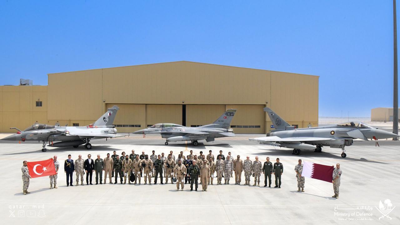 Qatar's Dassault Rafale and Turkish Air Force F-16 fighter jets in the Qatar-Türkiye Joint Squadron at Dukhan Air Base on Aug. 27, 2024. (Photo via Qatar MoD)
