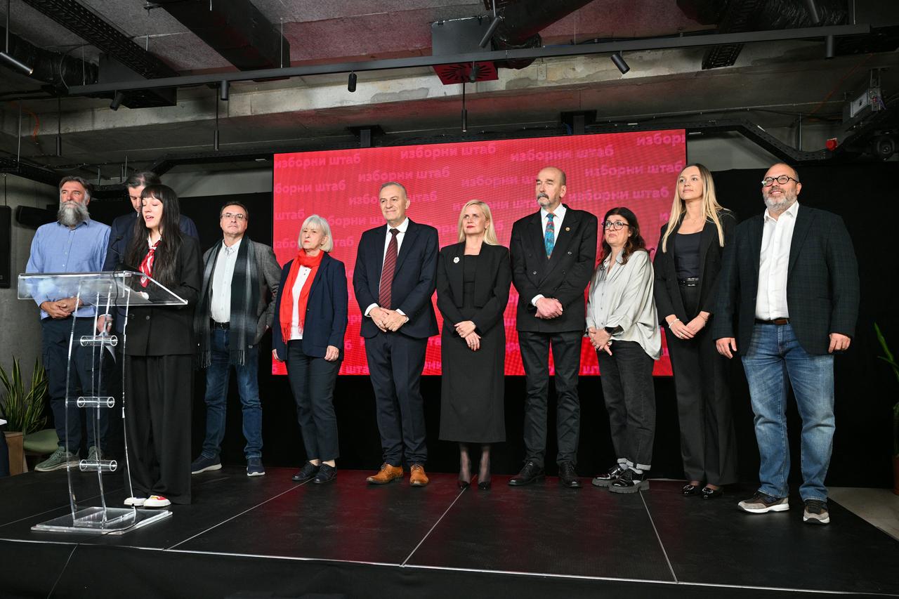 Candidates on the student-backed electoral list address the media during a press conference at the Students’ List headquarters ahead of the first results of the Serbian parliamentary elections in Belgrade on October 25, 2026. (AFP Photo)