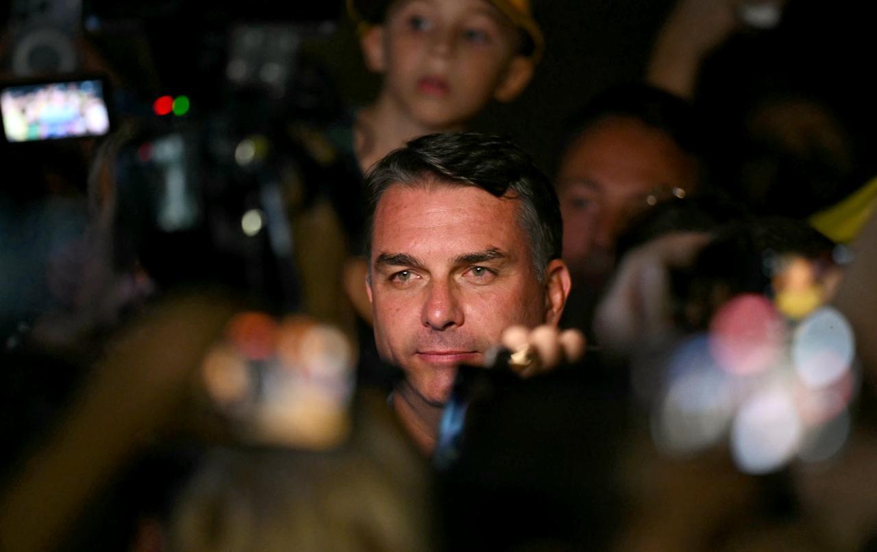 Brazil's right-wing senator and presidential candidate for the Liberal Party (PL) Flavio Bolsonaro reacts following the partial results of the presidential election in Brasilia, Brazil on October 4, 2026. (AFP Photo)