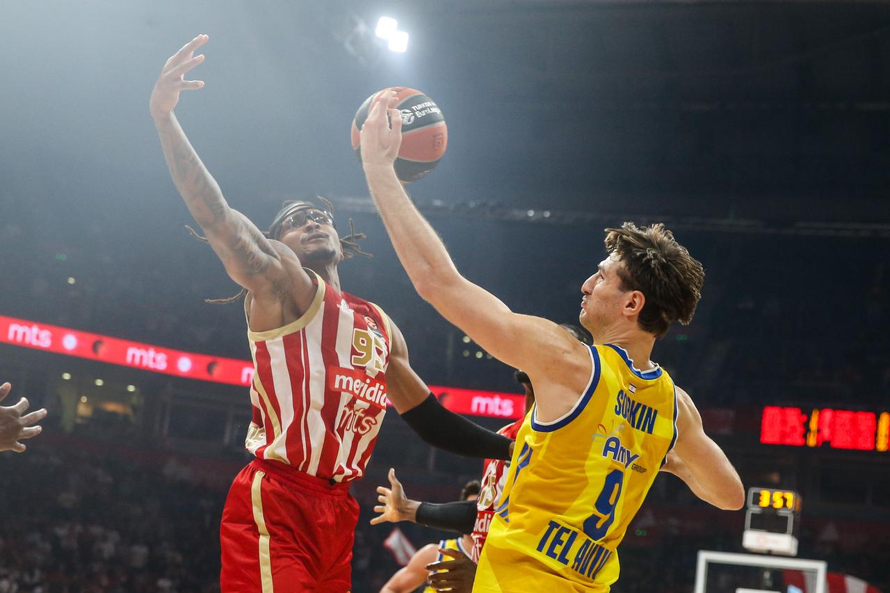 Roman Sorkin (9) of Maccabi Tel Aviv in action during EuroLeague Regular Season Round 8 basketball match between Red Star and Maccabi Tel Aviv at Belgrade Arena in Belgrade, Serbia, on October 27, 2026. (AA Photo)