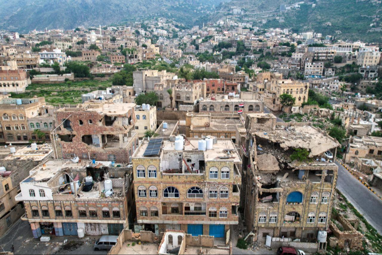 This aerial photograph taken by drone shows damaged buildings in the city of Taiz, the capital of Taiz Governorate in southwestern Yemen on September 25, 2026. (AFP Photo)