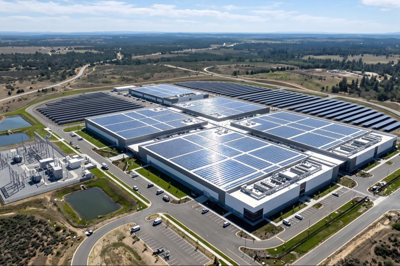 An aerial view shows a large data center complex with solar panels installed on rooftops and surrounding land. (Adobe Stock Photo)