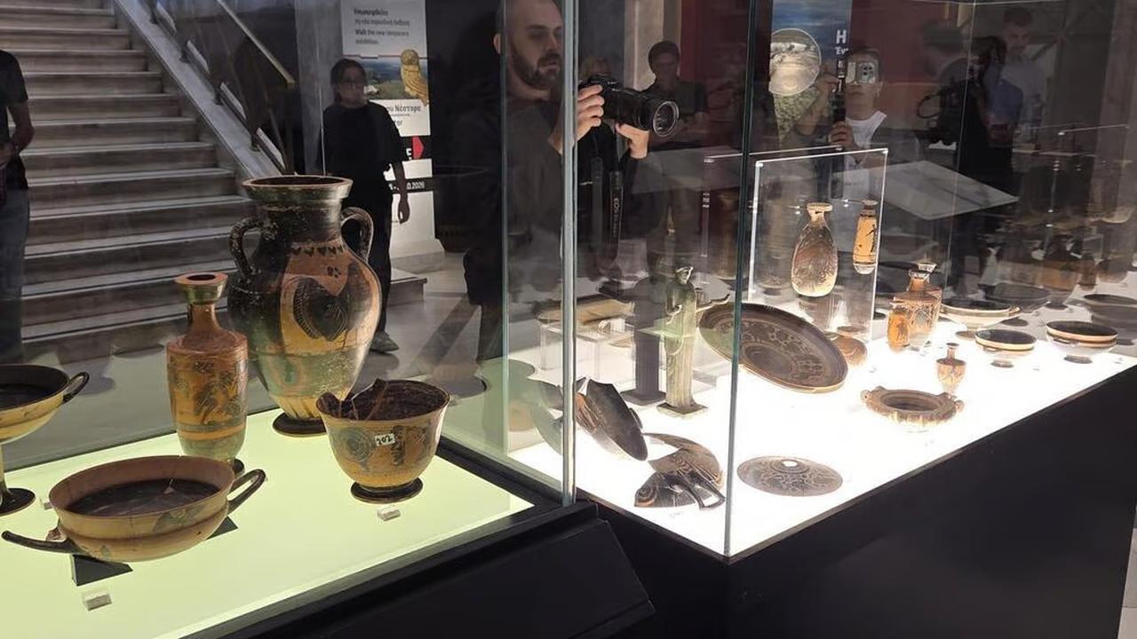 Ancient Greek artifacts returned by Israel are displayed at the National Archaeological Museum in Athens, Greece. (Photo via Israel Antiquities Authority)
