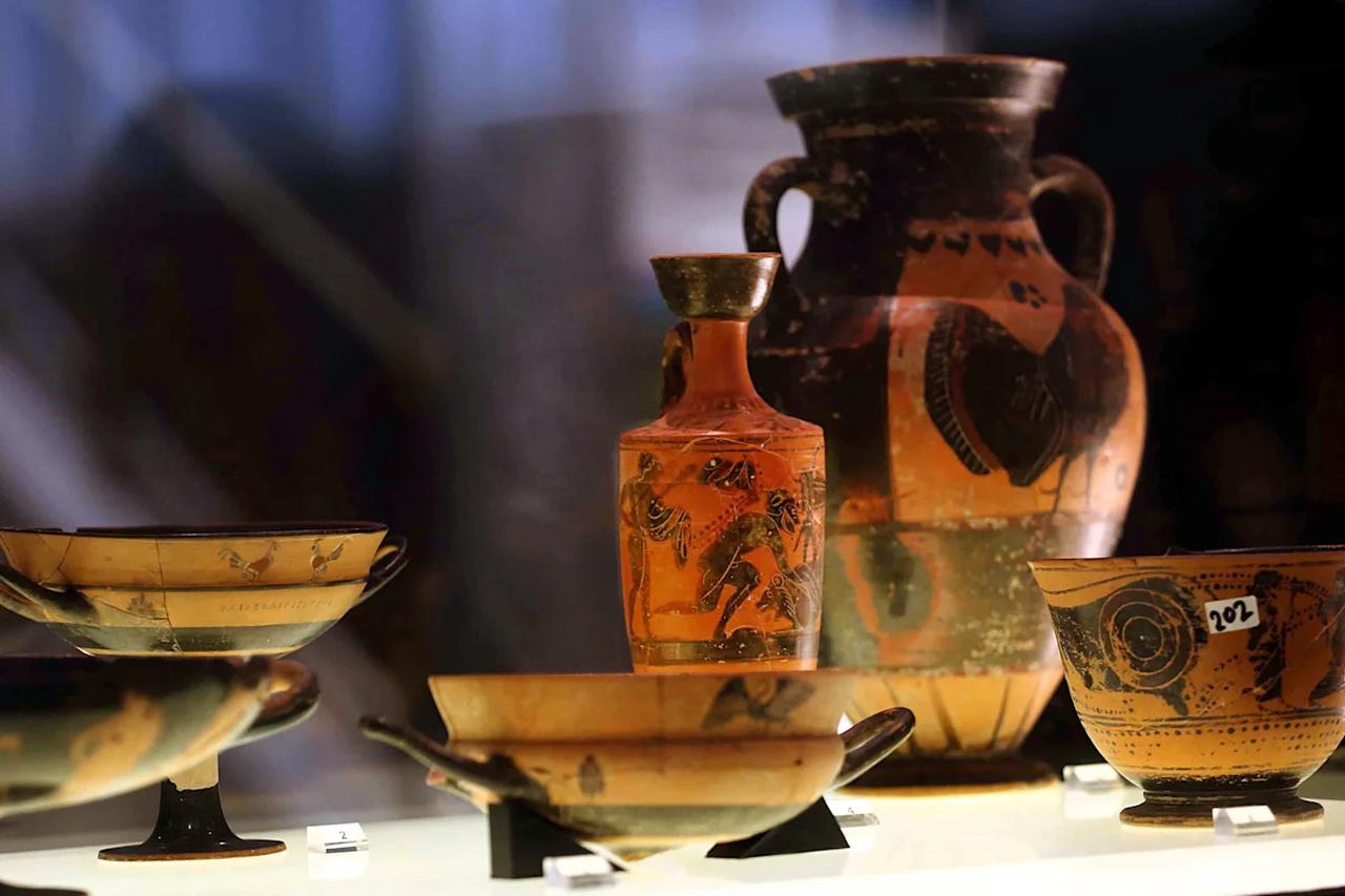 Ancient Greek artifacts returned by Israel are displayed at the National Archaeological Museum in Athens, Greece. (EPA Photo)