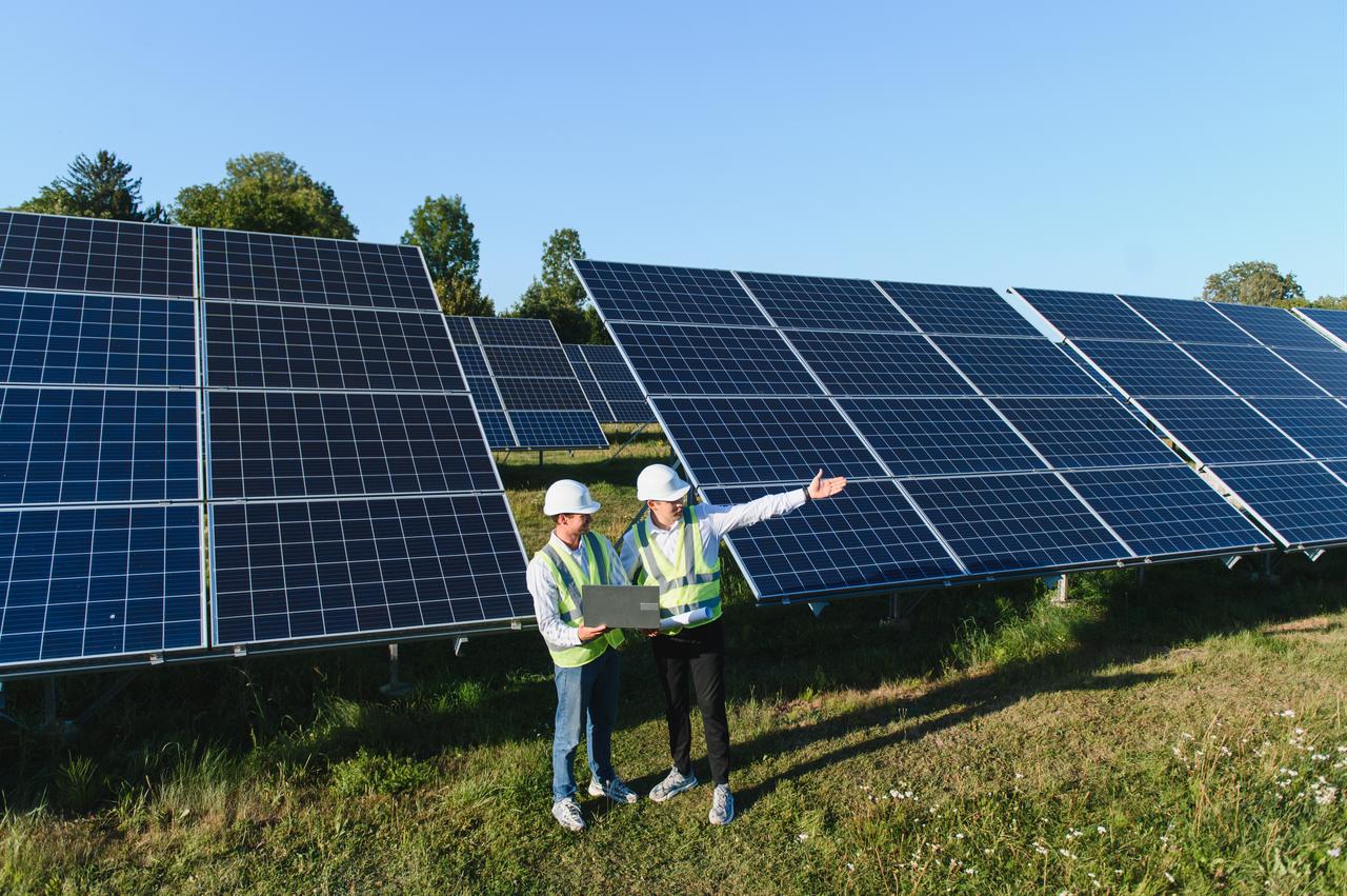 Two engineers wearing safety helmets and reflective vests inspect solar panels at a solar energy facility, with one holding a laptop and the other gesturing toward the installation. (Adobe Stock Photo)