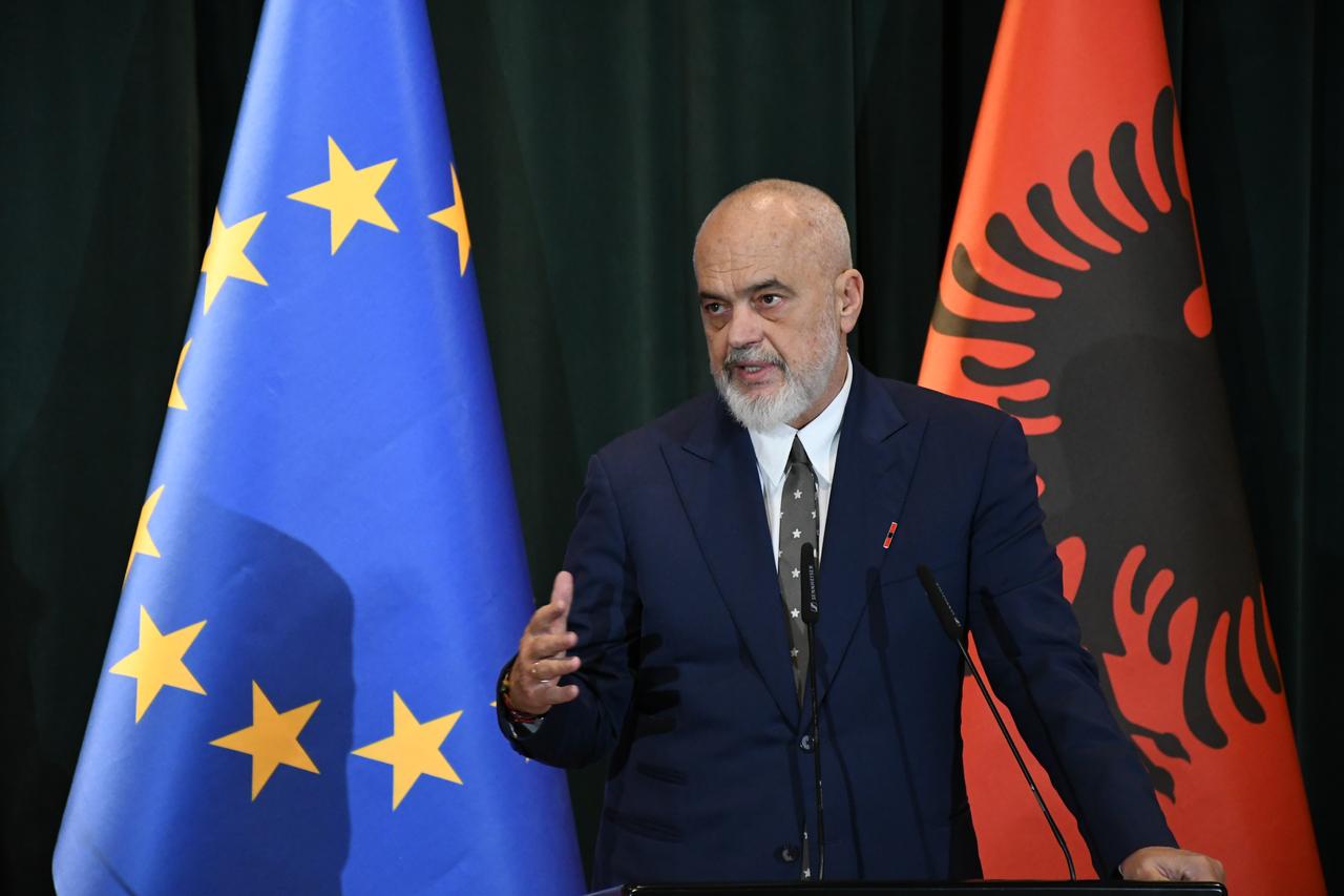 European Commission President Ursula von der Leyen (not seen) and Albanian Prime Minister Edi Rama hold a joint press conference during von der Leyen's visit to Tirana as part of her Western Balkans tour in Tirana, Albania, on September 30, 2026. (AA Photo)