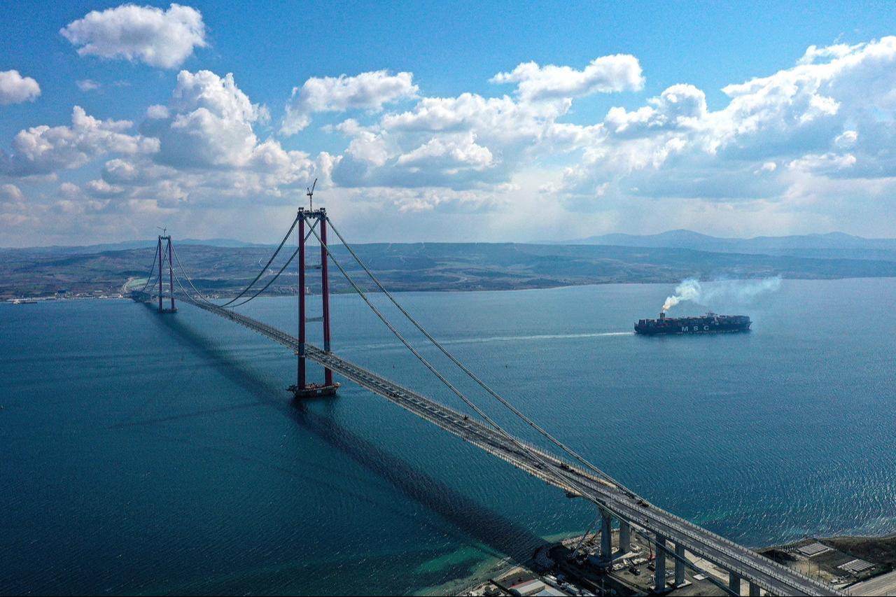 An aerial view of the 1915 Canakkale Bridge, connecting Lapseki district to the Gelibolu and to be opened on March 18, as preparations continue for its opening in Canakkale, Türkiye on March 14, 2022 (AA Photo)