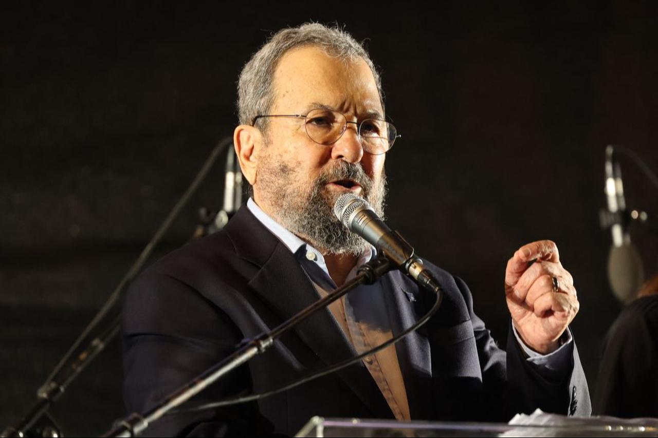 Former Israeli Prime Minister Ehud Barak speaks during a rally to protest the Israeli government's judicial overhaul plan, in Tel Aviv on June 24, 2023. (AFP Photo)
