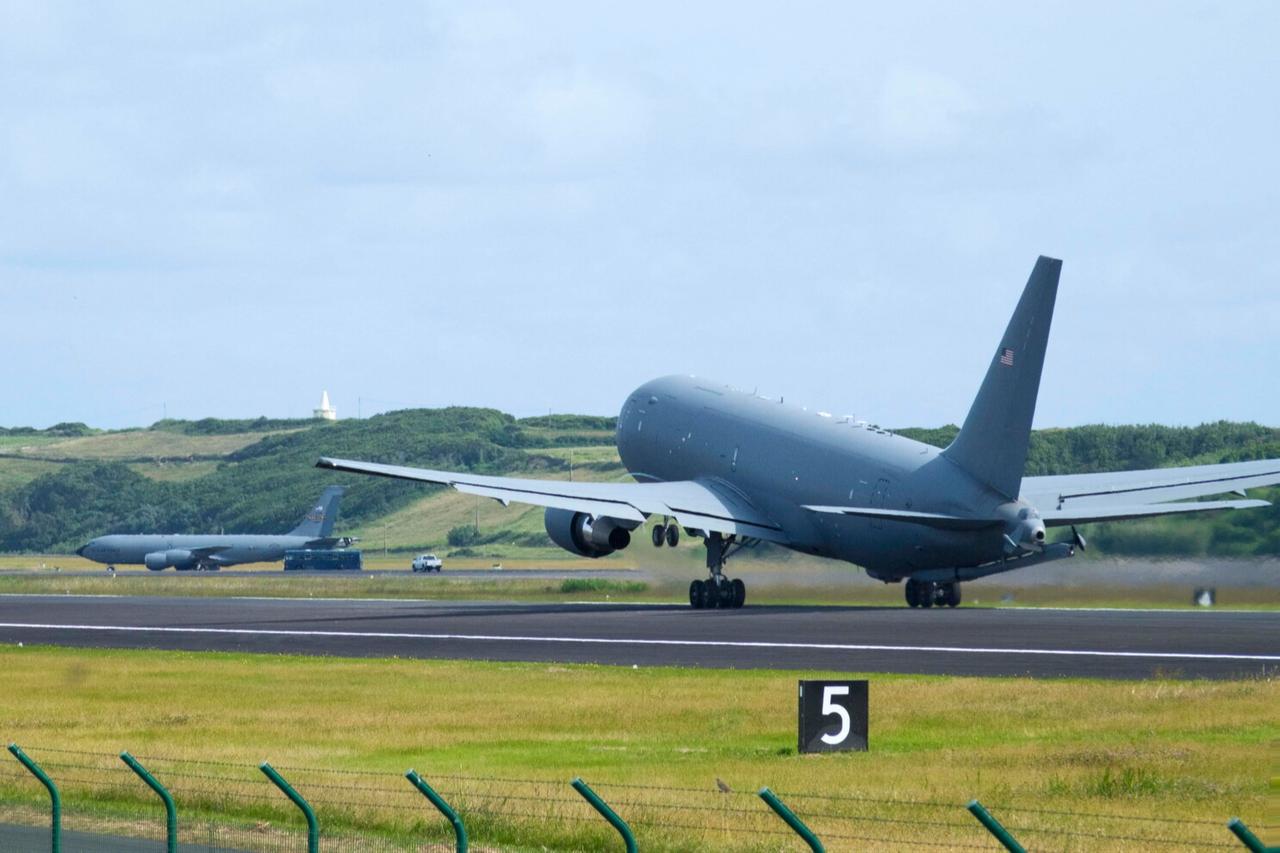 A U.S. Air Force Boeing KC-46A Pegasus refuelling aircraft upon take off on Lajes Portuguese Air Force Base, on the Portuguese Azores island, on June 21, 2025. (AFP Photo)